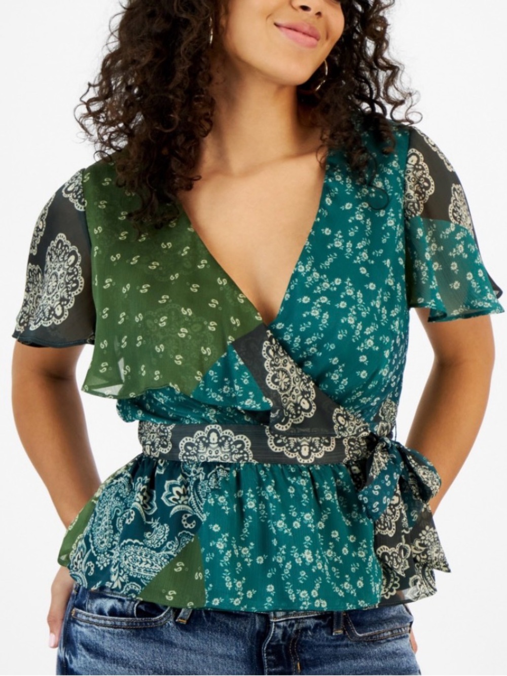 GUESS Green FERA Paisley Floral Wrap Top Large